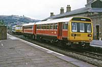 A class 142 Pacer and 141 at Todmorden on 19 August 1985. RS Greenwood